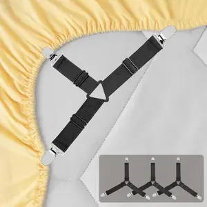 4pcs Adjustable Bed Sheet Straps - Non-Slip Elastic Grippers.Triangle Mattress Suspenders for Corners, Cushions & Covers (Black)