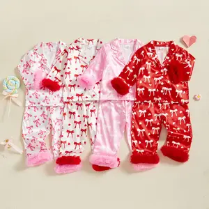 Toddler Baby Girl Spring Bow Print Plush Pajamas Sets 2Piece Laple Long Sleeve Tops with Pants Toddler Baby Girl Spring Bow Print Plush Pajamas Sets 2Piece Laple Long Sleeve Tops with Pants