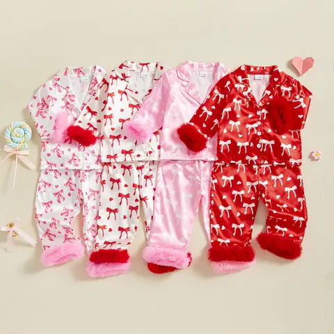 Toddler Baby Girl Spring  Bow Print Plush Pajamas Sets 2Piece  Laple Long Sleeve Tops with Pants
