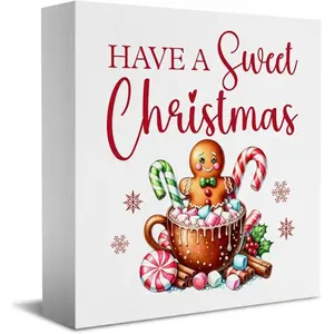 Retro Gingersnap Candy Cane Christmas Decorations Wooden Box Sign Hot Cocoa Christmas Kitchen Decor Vintage Art Home Office Farmhouse Living Room Desk Bookshelf Tabletop Decor 5x5 inch