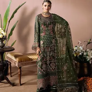 Elegant Green Chiffon Suit Embroidered Organza Women's Wear