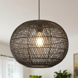 Black Rattan Pendant Light, 16in Globe Boho Wicker Hanging Light Fixture for Kitchen Island Dining Room
