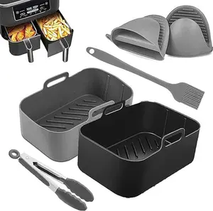 CHRISTMAS GIFT 6 PACK - Air Fryer Silicone Liners Rectangular  -2PCS for Ninja Foodi Rectangular Air Fryer with Oven Mitts Basting Brush and Tongs Reusable Silicone Molds Replacement of Parchment Paper (Rectangular Black & Grey)