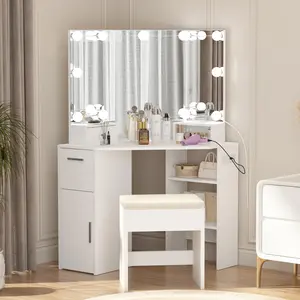 Corner Vanity Mirror with Lights and Table Set & Power Outlet, Makeup Vanity Table with Lights with 2 Drawers & Stool, 3 Ligthing Color Vanity Desk