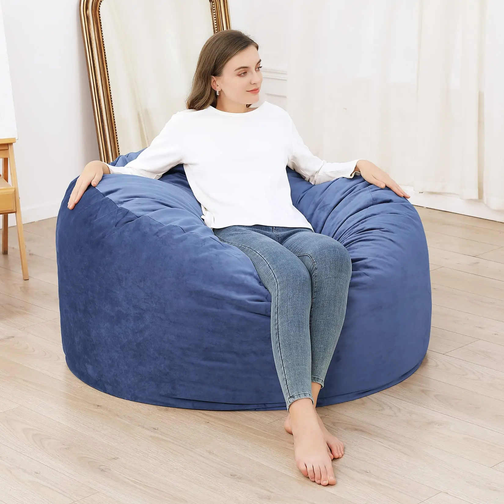 48 in Modern Giant Bean Bag Chair - Premium Memory Foam Lounger for Adults, Kids with Removable Velvet Cover, Washable Design, Cozy Support