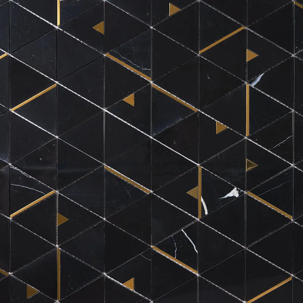 Glam Nero Marquina + Gold Brass 12x14 Glossy Triangle Marble Tile
