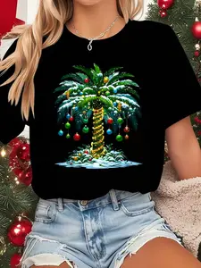 100% cotton women Christmas Palm Tree Hawaiian Tropical Xmas T-Shirt Print Round Neck Short Sleeve Streetwear Fashion Breathable Soft Unisex Designer Clothes For Women Casual Clothes