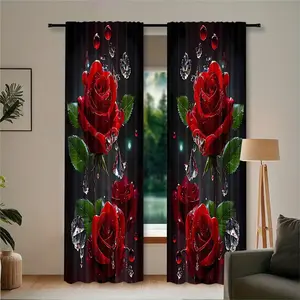 2-piece set, crystal red rose printed semi-transparent curtains, pole bag curtains, suitable for living room, bedroom and home decoration. Washable by hand or machine, easy to maintain, durable.
