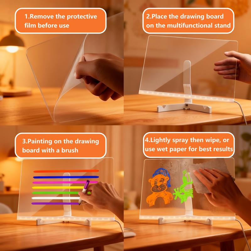 Snofrid LED Message Board Acrylic Dry Erase Light-Up Board with Stand Markers Cleaning Cloths Tracing Paper Erasable Reusable Kids Learning Gift for Birthday Halloween Christmas Decorative Neon Sign