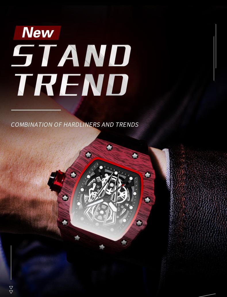 Men's Carbon Fiber Skeleton Tonneau Watch, Black Silicone Band, Sporty Quartz Wristwatch