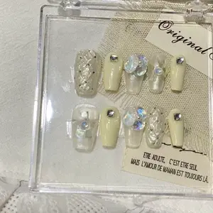 Cream White Aurora Rhinestone Press On Nails, Handmade Reusable Long Coffin Fake Nails