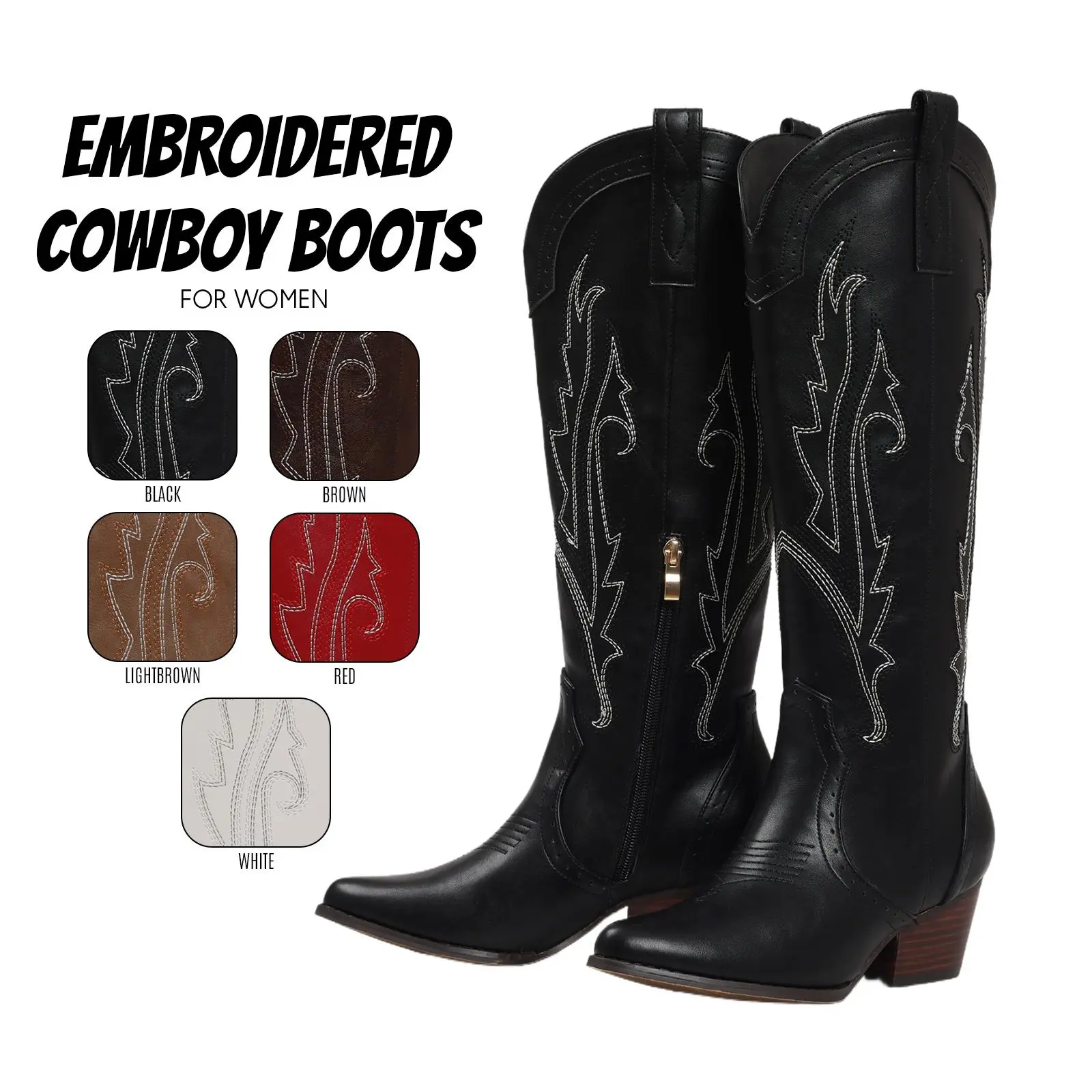 Cowboy Boots for Women Embroidered Cowgirl Boots Knee High Western Boots Pointed Toe Chunky Block Heel Side Zipper Wide Calf Easy Pull On Long Tall Vintage Retro Country Wedding Festival Rodeo Riding Work Dressy Casual Shoes