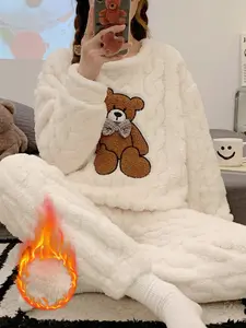 Women's Fall Winter Warm Fleece Pajama Set, Long Sleeve Colorblock Bear Letter Embroidery, Loose Casual Two-Piece Homewear, Soft Casual Pajamas