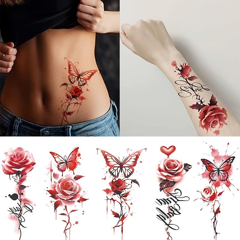 Women's Waterproof Durable Lightweight Oblong Temporary Paper Tattoos - 8 Sheets Realistic Red Rose-Butterfly Patterned Body Art Overlay Sticker Packs for Adults' Fashion Parties