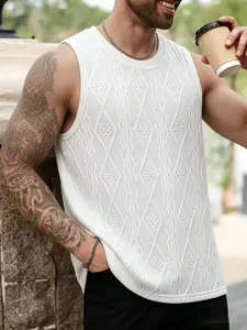 Trendy Men's Cable Knit Sleeveless Tank Tops, Geometric Textured Loose Fit Crew Neck Vest, Summer Breathable Lightweight Casual Shirts for Street Style & Outdoor Activities #StreetwearTank #MensCasualWear #TexturedTank