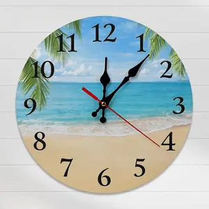 10 Inch Tropical Beach Wall Clock - Silent Non-Ticking Palm Tree Ocean Scene Decor Clock, Coastal Nautical Art for Living Room, Kitchen, Bedroom, Battery Operated, DIY ASSEMBLY NEEDED