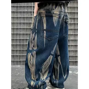 Y2K Teen Boys' Casual Tie-Dye Dragon Pattern Denim Dad Harlan Jeans |   High Waist, Elastic Closure, Washed Look, Loose Fit, Suitable for Outdoor and Daily Wear