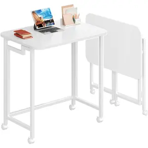 23.6x15.75x27.2 inches Foldable Synthetic Compact Home Office Desk, Mobile Rolling Computer Cart with Wheels, Portable Folding Table for Small Spaces (Assembly Required, All White)