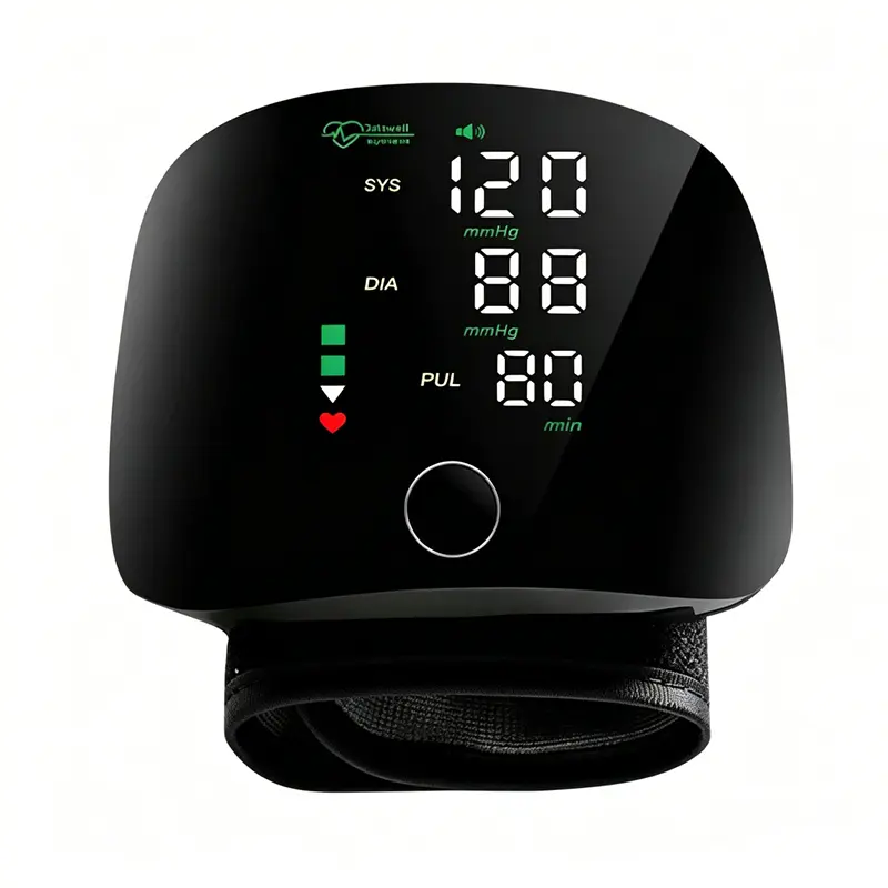 Wrist-style blood pressure monitor with LED display—a health monitor that comes with a cuff. Made of ABS plastic, its compact design makes it easy to fit into your everyday bag, and it includes a portable home healthcare storage case.