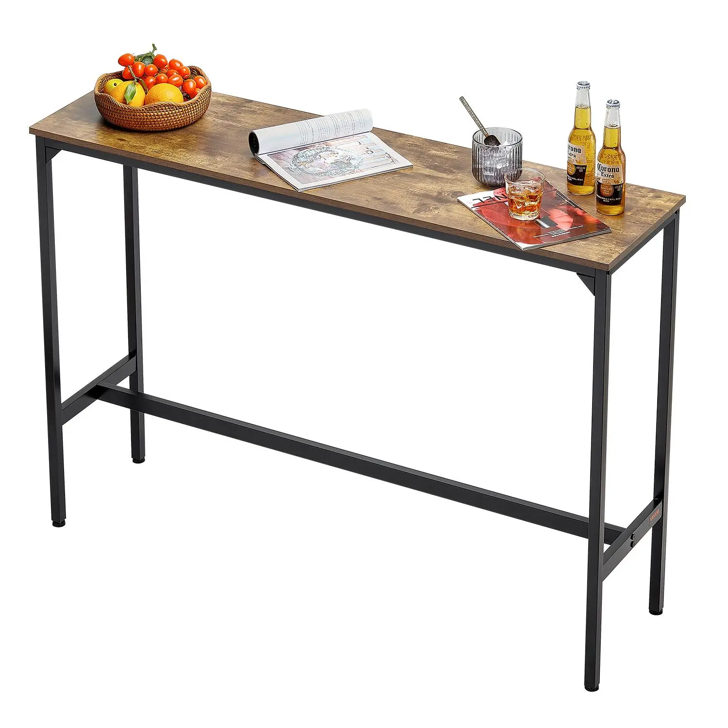 【summerfinds】VEVOR Bar Table, Sturdy Metal Frame High Top Pub Table, Narrow Long Kitchen Dining, Cocktail Counter Bar Height Desk, Easy to Assemble, 55X15x39" in, for Living Room Party, Rustic Brown and Black, Adjustable Legs, Adjustable Bar Tables, Br
