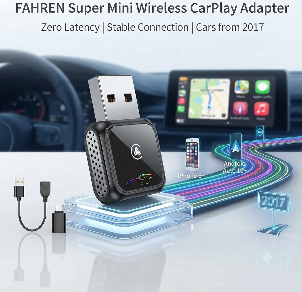 FAHREN Upgraded Super Mini Wireless CarPlay Adapter, Stable Zero Latency Bluetooth Dongle for iPhone & Android Auto, 2017+ Vehicles, USB/Type-C