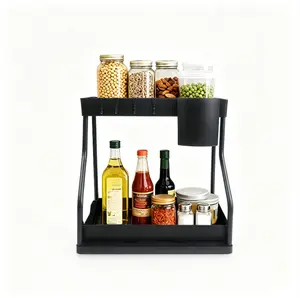 2-Tier Kitchen Spice Rack with Hooks & Cup, Countertop Organizer for Spices, Utensils & Bottles, Black Storage Shelf for Pantry, Bathroom & Office, Space-Saving Kitchen Organization Must-Have