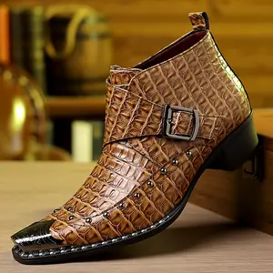 Men’s pointed-toe Chelsea boots, non-slip and wear-resistant, vintage buckle design, British formal short boots for business attire