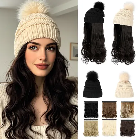 Cephermer Beanie with Hair Beanie Winter Hat Cap wig with 20inch Detachable Wavy Curly Hair Extensions Warm Knitted Beanie for women Daily Black Friday & Christmas