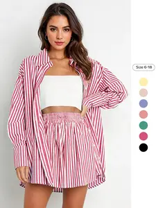 Two-Piece Set Women's Striped Print Button Shirt & Wide Leg Shorts, Casual Long Sleeve Top & Shorts for Daily Wear, Ladies Two-piece for All Seasons, Pajama Loungewear