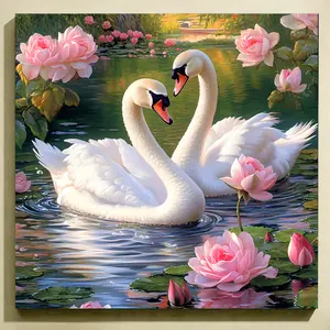 Adult Diamond Painting Kit, Swan Couple Near Flower, Full Drill Cross Stitch, Frameless Wall Mosaic Decor, DIY Holiday Gift, Wall Art Painting