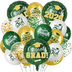 Green and Gold Graduation Balloons Graduation Decorations 2026, 51Pcs Grad Latex Balloons and Grad Foil Balloon with Confetti Ribbons Grad Party Decorations for College High School