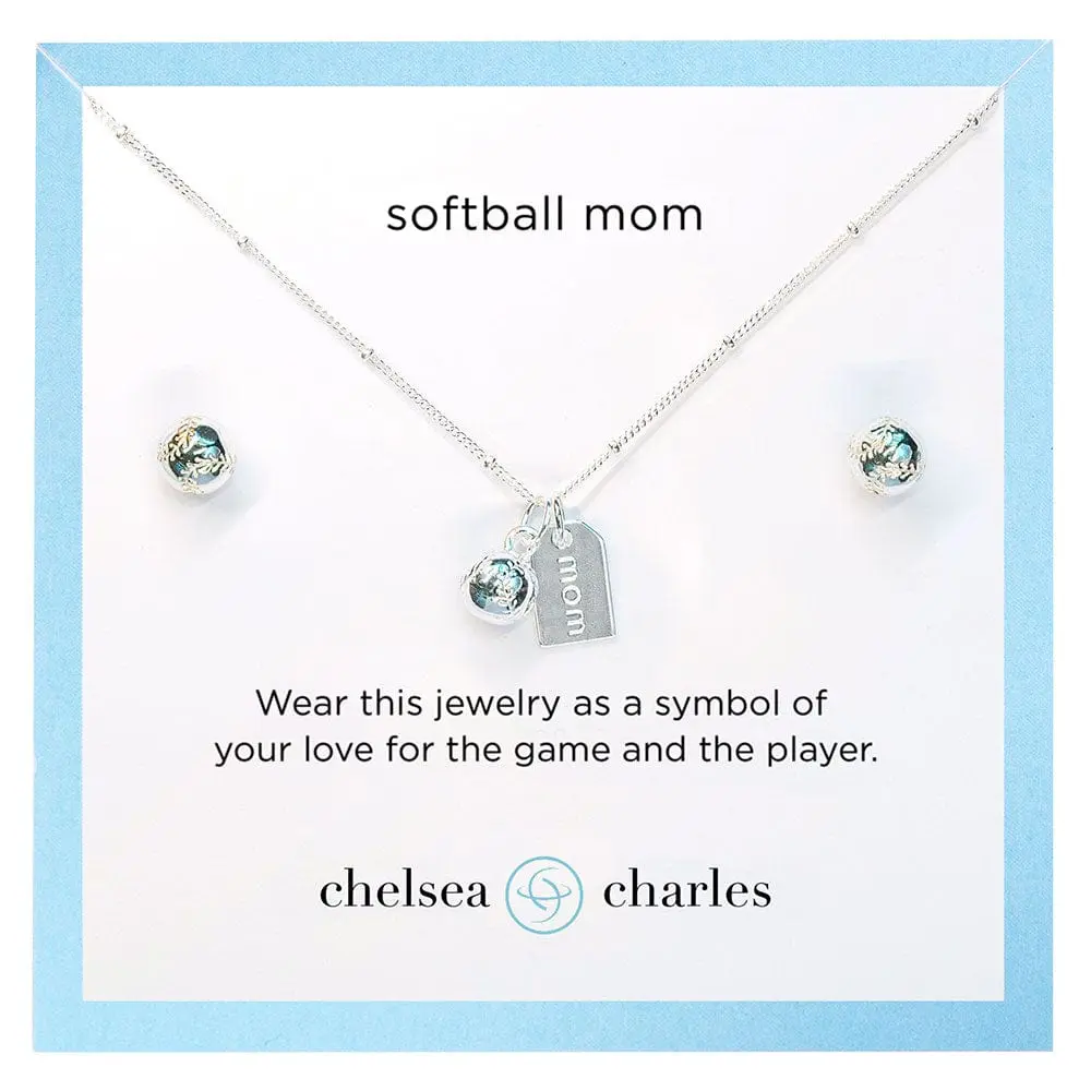 CC Sport Softball Mom Double Charm Necklace and Earring Gift Set