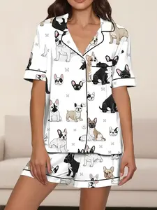 Dopamine Soft Cute Style Women's Spring Summer Pajama Set, All over Print French Bulldog & Flower Design, Cozy Homewear for Relaxing & Outings