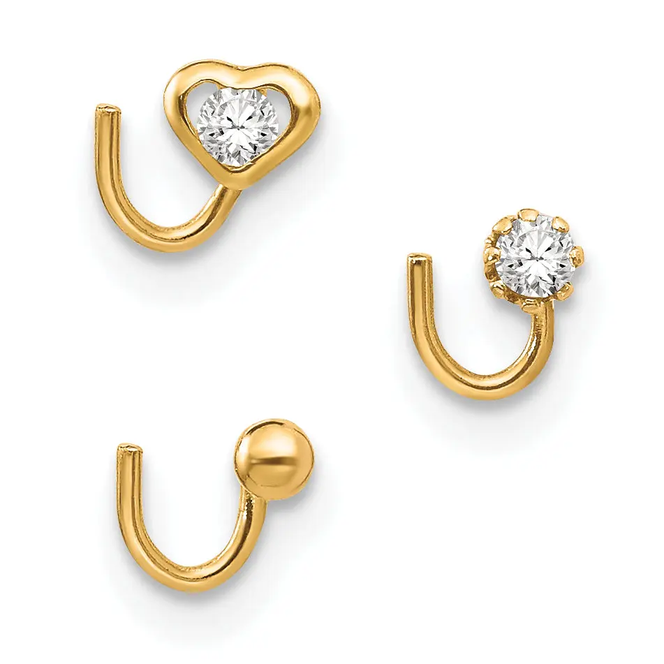 10K Gold CZ Nostril Studs Set with Hollow Elegance