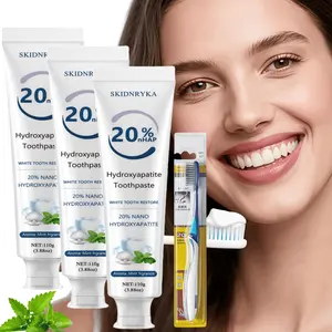 3-Tube Hydroxyapatite Toothpaste (with toothbrush), 20% hydroxyapatite, deep-cleaning toothpaste, breath-freshening formula, mint flavor, gentle formula, ideal for oral health and hygiene, suitable for everyday use by everyone