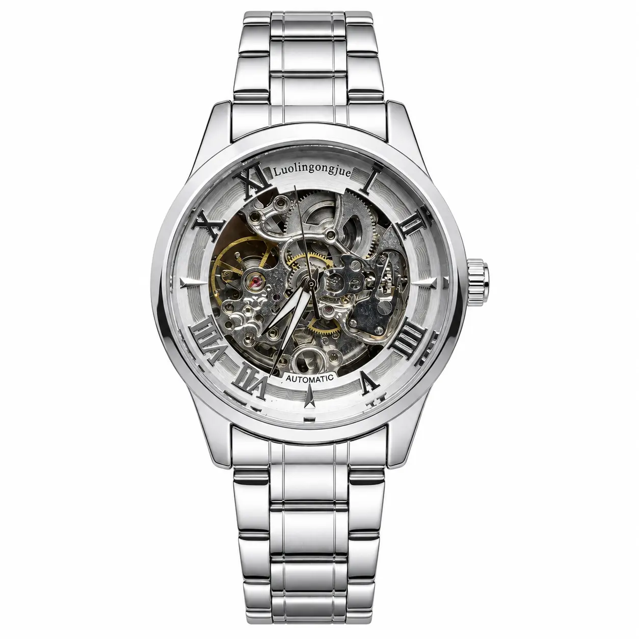 Men’s Roman Numeral Skeleton Automatic Mechanical Stainless Steel Wrist Watch