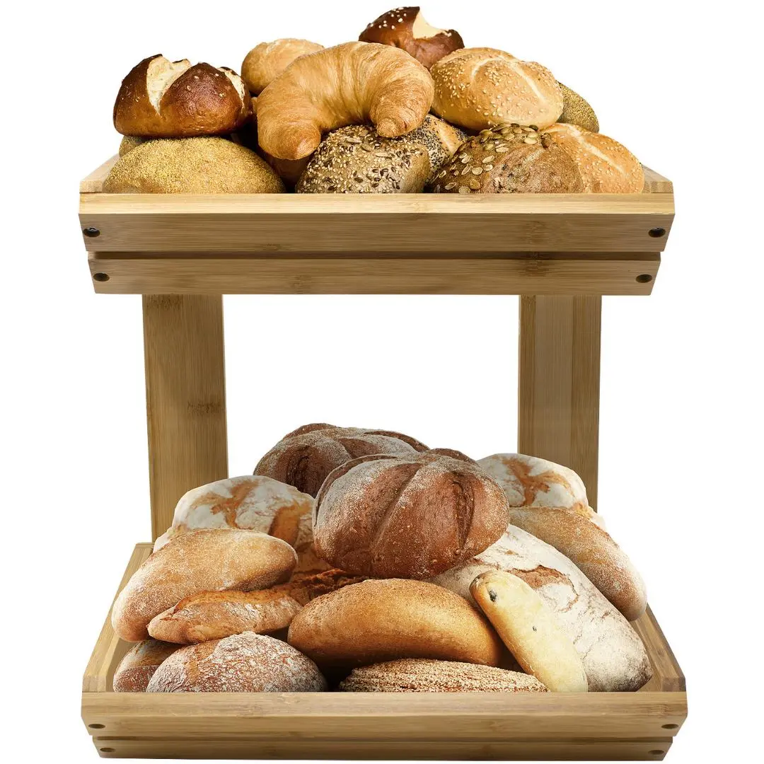Multifunctional 2-Tier Bamboo Basket Stand Organiser for Kitchen Storage, Household Fruit Display, Home Organization Racks
