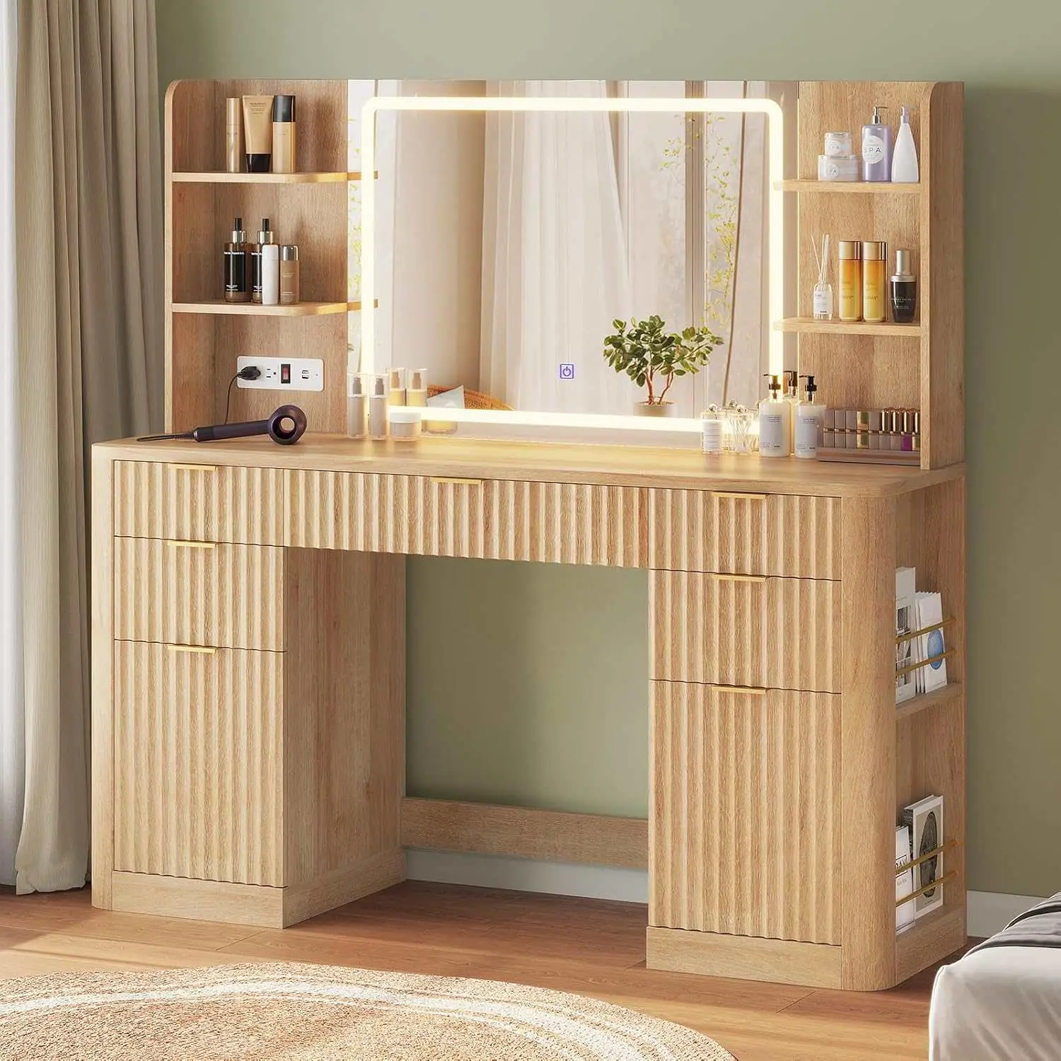 Sikaic Makeup Vanity Station with Mirror, Oak Fluted Vanity Desk with Power Strip and Storage Drawers for Bedroom Furniture