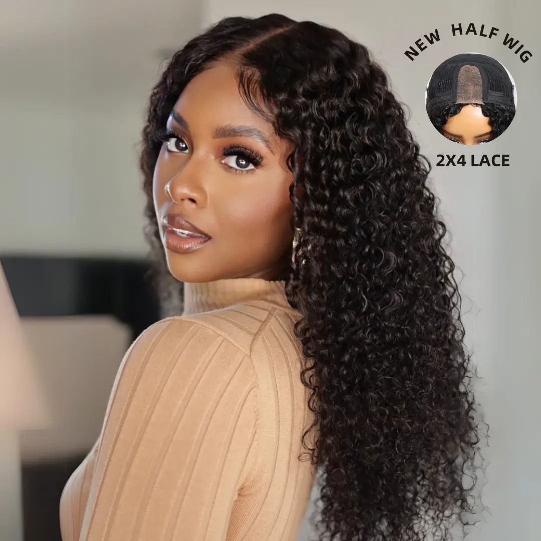 【Live Sale】UNice Glueless New Kinky Curly Half Wig with 2x4 Lace Part Natural Scalp Human Hair Wigs with Drawstring Beginners Friendly Easy to Install