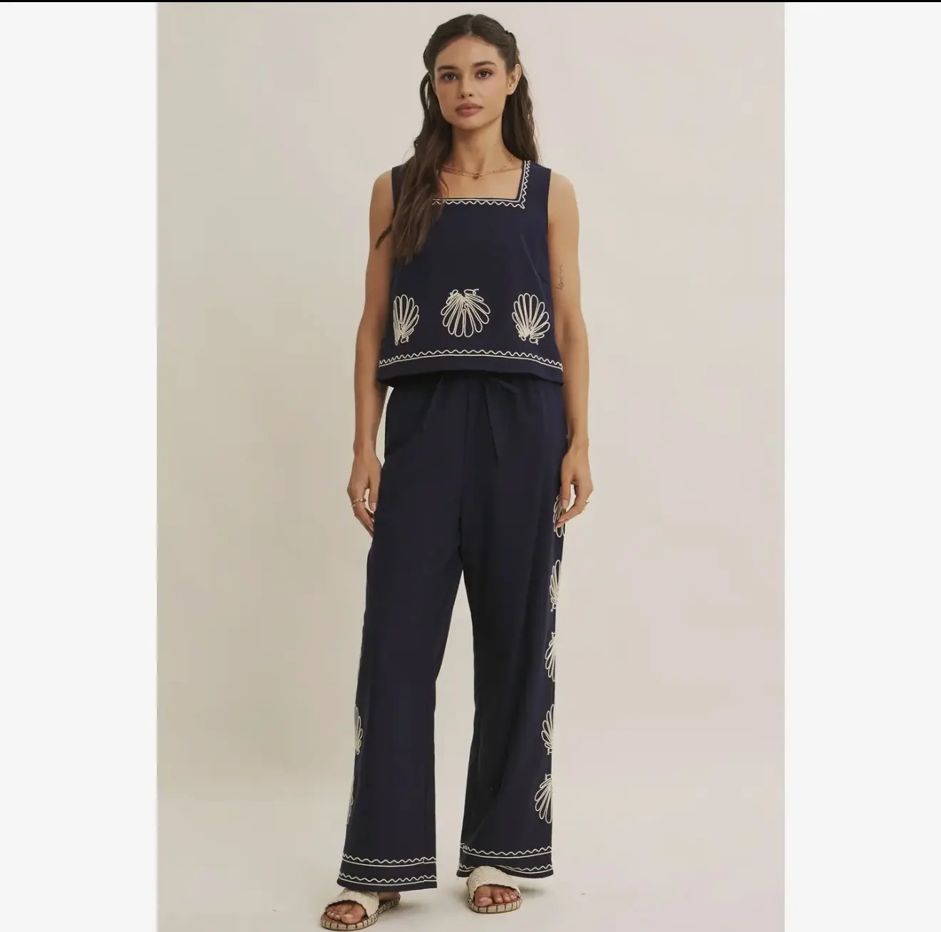 Women's Soft Viscose-Cotton Quiet Luxury Coastal Seashell Embroidery 2-Piece Matching Wide-Leg Pants and Top Set with Pockets, Everyday Fit, Simple Design