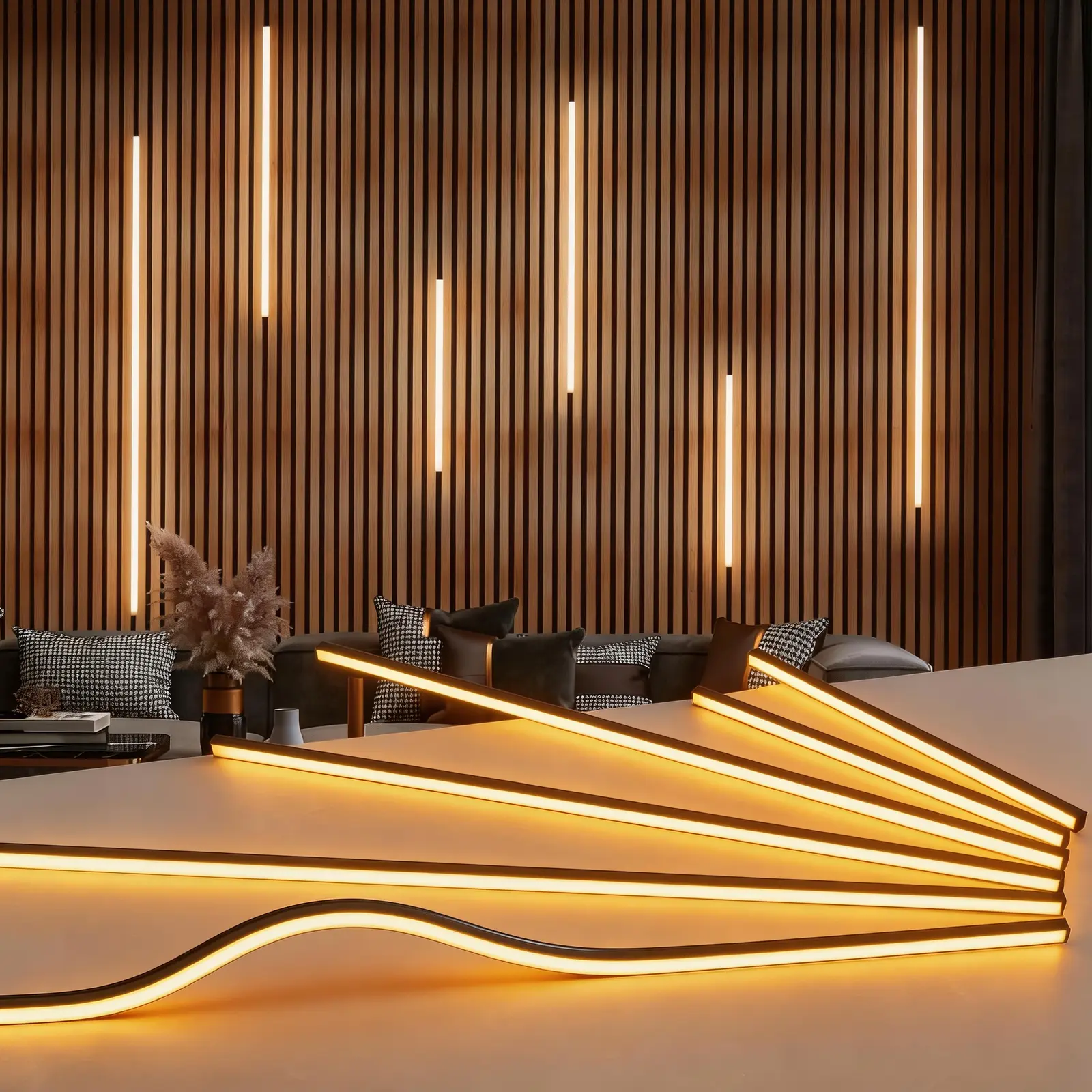 Acoustic Slat Wall LED Lighting Kit 6 Pack, Black Silicone Recessed Light Bars, 3000K Warm White 24V Dimmable Lights with Touch Sensor for Wood Slat Wall Panels