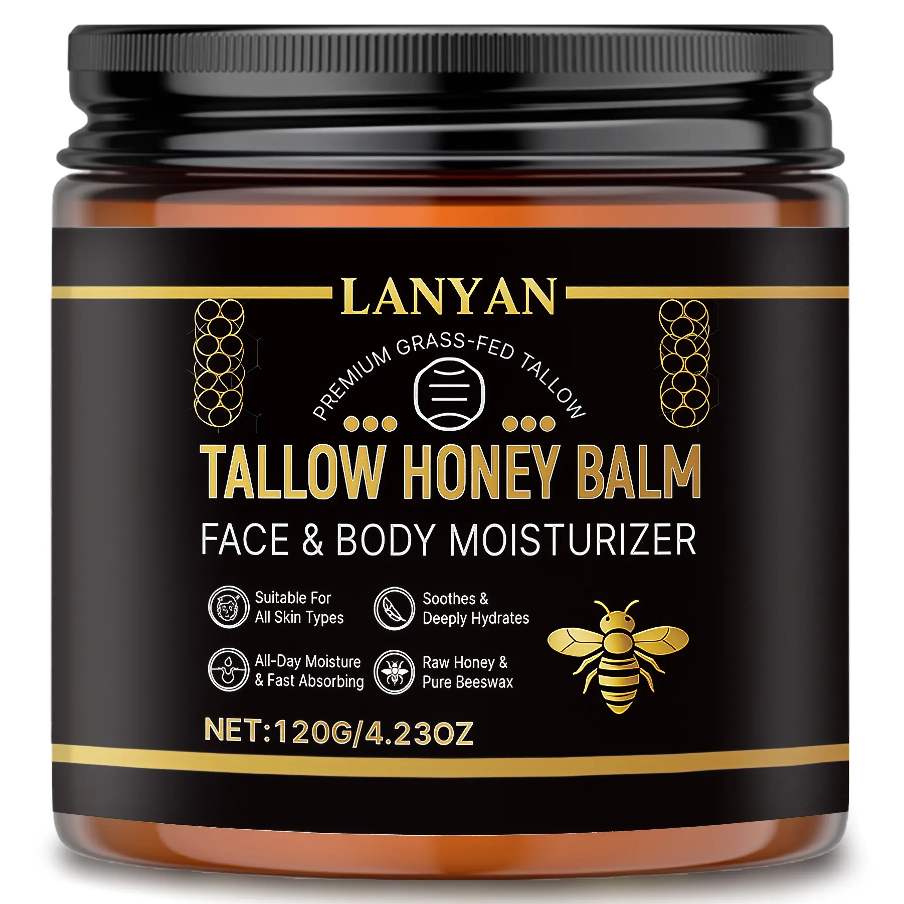LANYAN Tallow and Honey Balm, Grass-Fed Beef Tallow for Skin | Face & Body Moisturizer | Beeswax Suitable for All Skin Types | 120g (4.23 Oz)