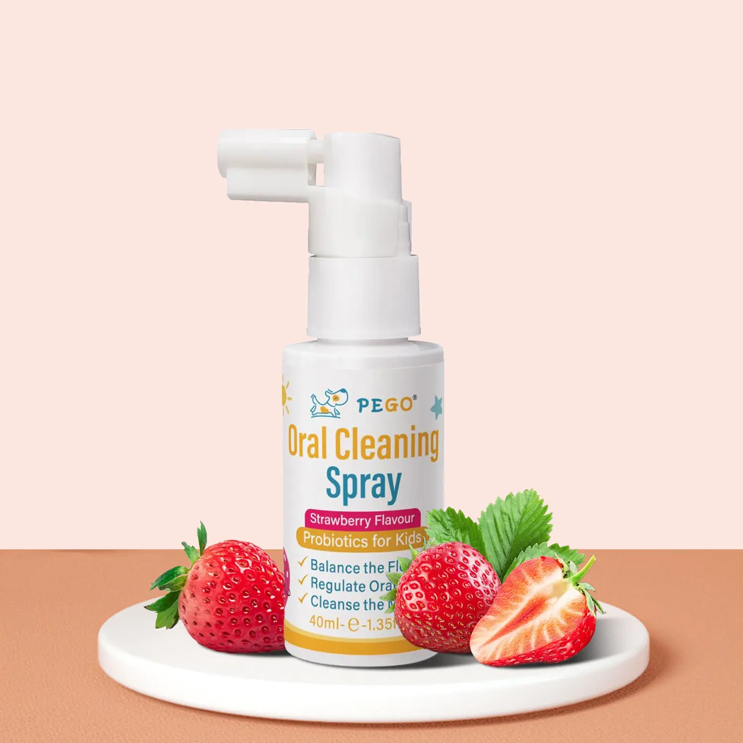 PEGO Kids Oral Spray, Toddler Toothpaste Helper with Strawberry Flavor, Xylitol & Probiotic, Fluoride-Free Natural Cavity Defense & Fresh Breath, 40ml, Fruity, Xylitol Helps Guard Teeth, Freshens Breath After Snacks, Anti-Cavity