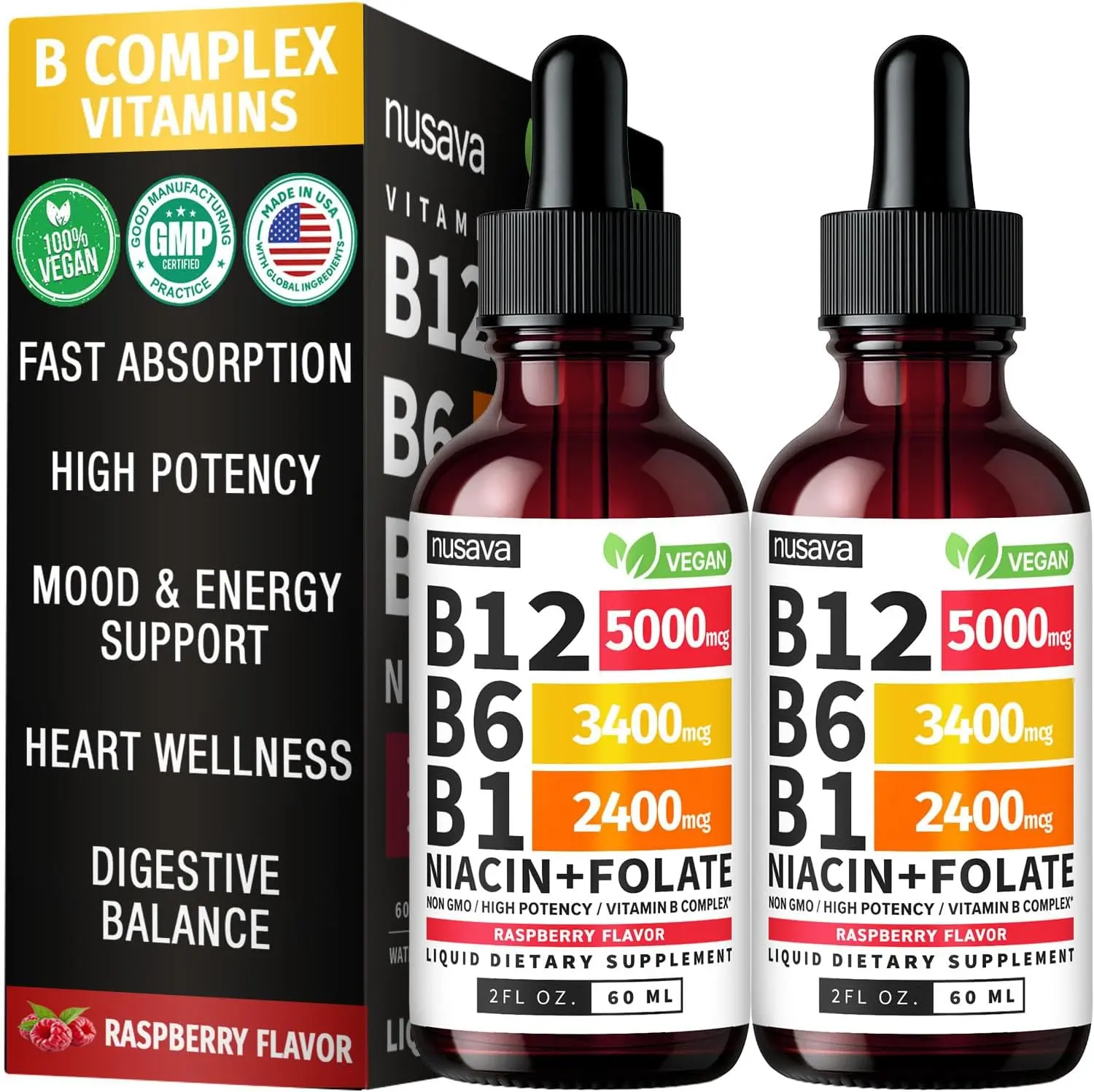 NUSAVA B12 Liquid Drops 5000mcg, Raspberry, Pack of 2 | Energy, Brain and Heart Support, Methylcobalamin B12 with B6, B1, Niacin and Folate, Sublingual Drops for Women and Men