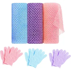 6 Pack African Net Sponge Exfoliating Glove Set, 3 Pcs Body Bath Sponge Back Scrubber and 3 Pairs Exfoliating Gloves, Durable Nylon Body Scrub Kit for Adults Gift