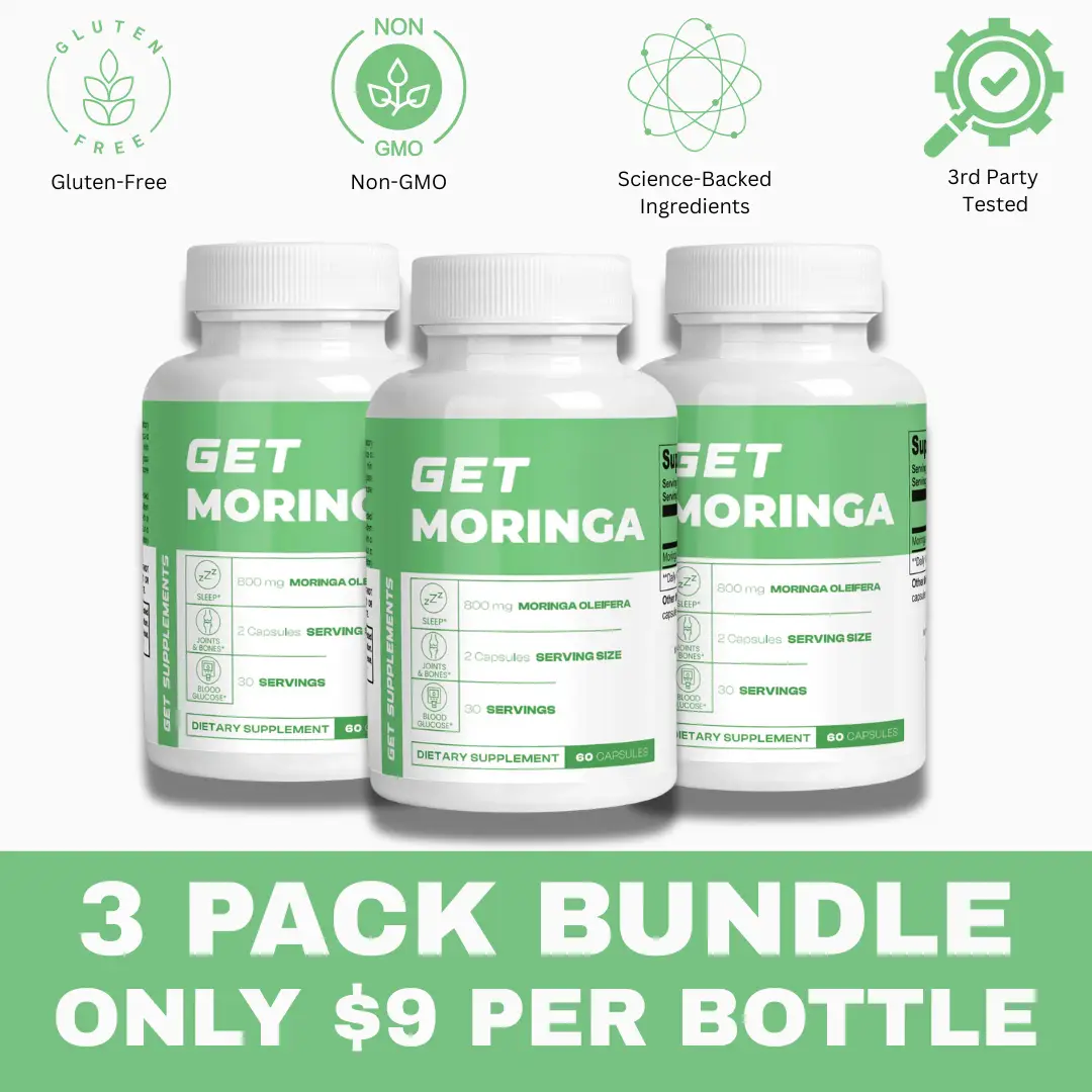 GET MORINGA 3 Pack Bundle - 60 Capsules Each - Non-GMO, Gluten-Free, Vegan Friendly - Healthcare & Fitness Supplement - Natural Moringa Oleifera Leave