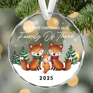 OUR FIRST CHRISTMAS AS A Family of Three, Glass Keepsake Ornament, Christmas Tree Decoration Glass Ornament, Christmas Home Decor, Baby First Christmas Ornament New Baby Ornament, Family Ornament, Fox Family Ornament, Baby Christmas Gift