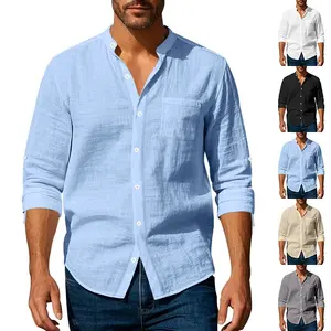 Men's Linen Shirts Long Sleeve Button Down Shirt Band Collar Beach Shirts in Multiple Colors for Casual Wear