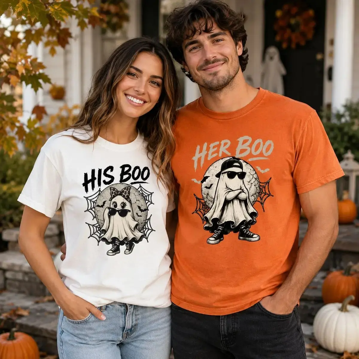 His And Hers Halloween T Shirts, Matching Couples Ghost Tee, Couples Halloween Tee, Couples Spooky Season Shirt, Spooky Couples Tee-Vannis Clothings