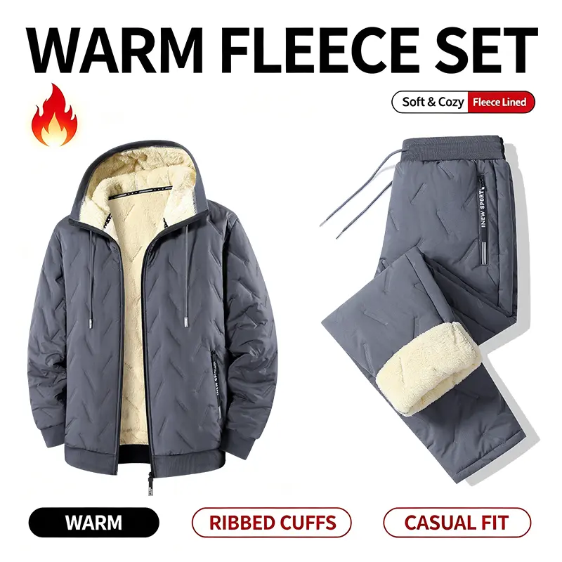 ColorArea Men's 2-Piece Polyester Fleece Thickened Warmth Hooded Sweatsuit Set - Beige Long-Sleeve, Multi-Pockets, Straight-Leg Pants, Ideal for Daily Work Commutes, Outdoor Leisure - Menswear 2 Piece Suit